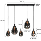 Suspension 5 lumières en verre fumé noir forme goutte d'eau – H170 cm