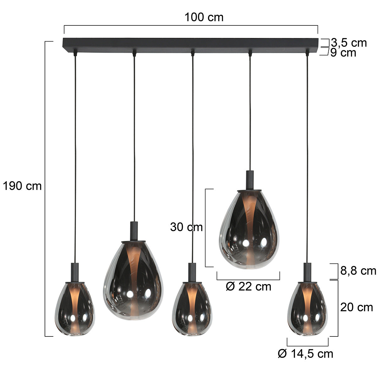 Suspension 5 lumières en verre fumé noir forme goutte d'eau – H170 cm