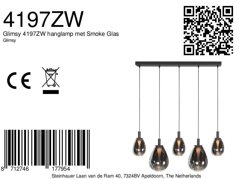 Suspension 5 lumières en verre fumé noir forme goutte d'eau – H170 cm