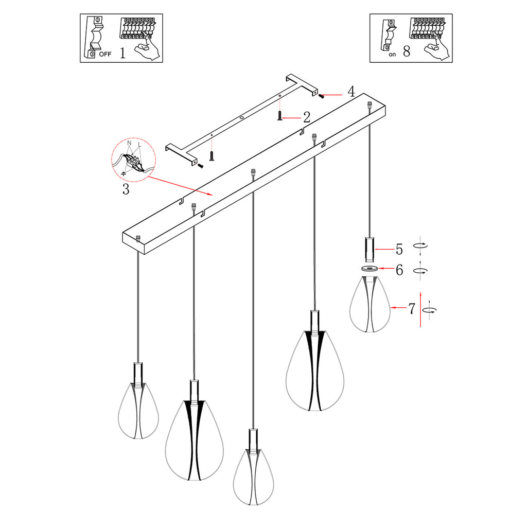 Suspension 5 lumières en verre fumé noir forme goutte d'eau – H170 cm