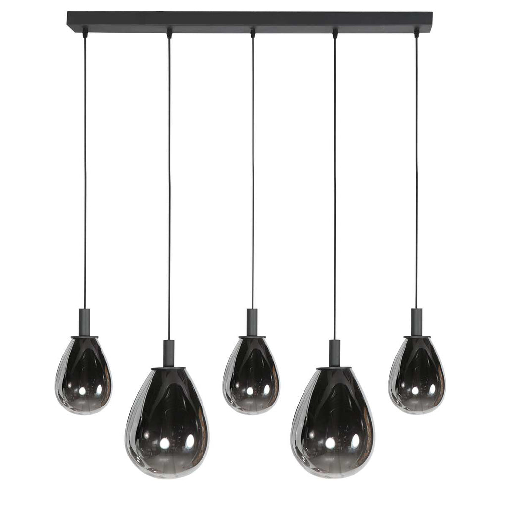 Suspension 5 lumières en verre fumé noir forme goutte d'eau – H170 cm