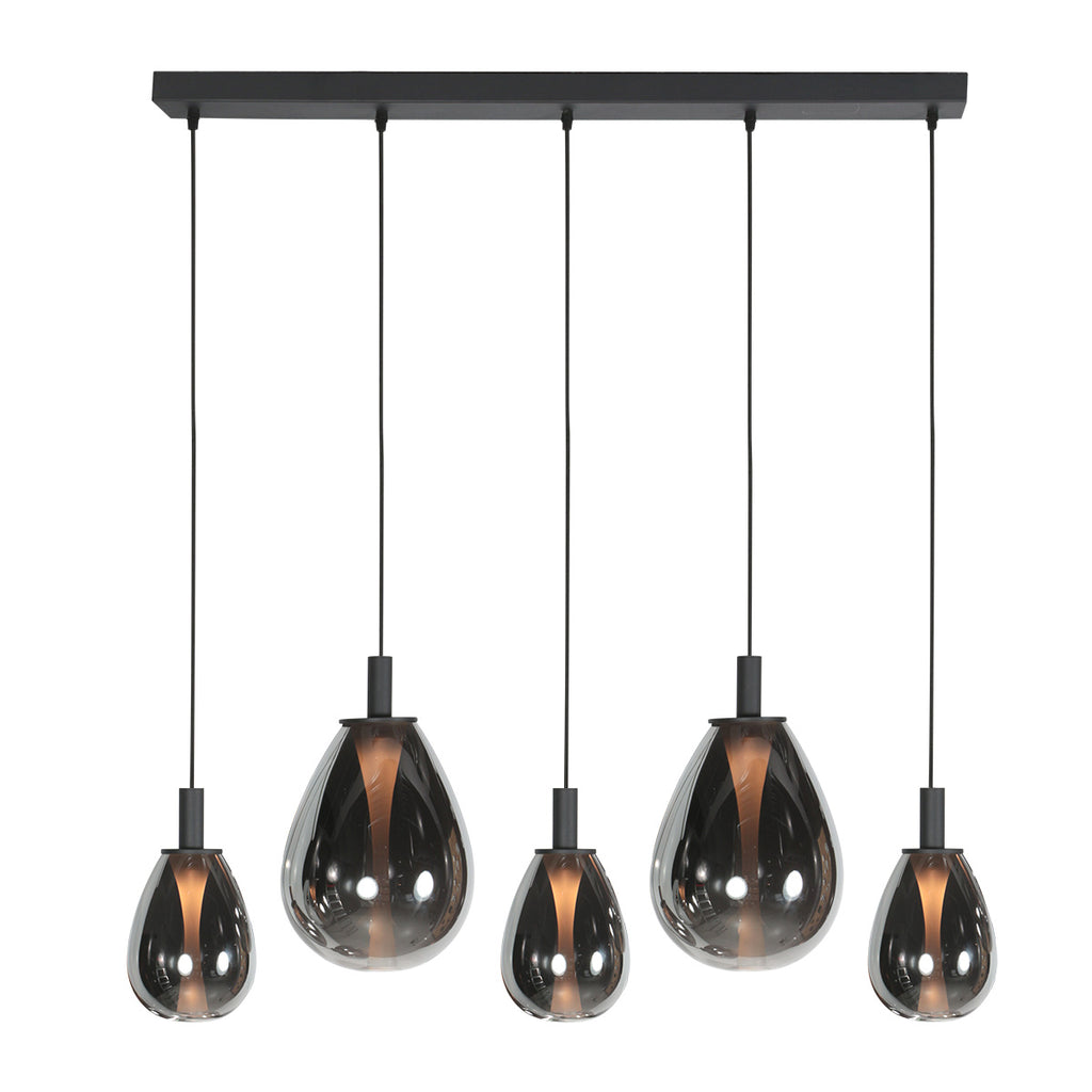 Suspension 5 lumières en verre fumé noir forme goutte d'eau – H170 cm