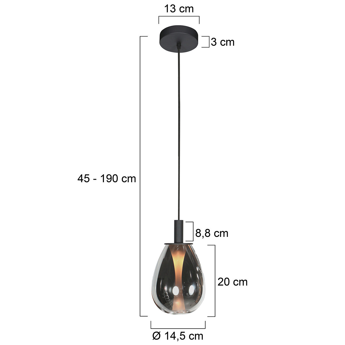 Suspension en verre fumé noir forme goutte pour salle à manger – Ø14,5 cm