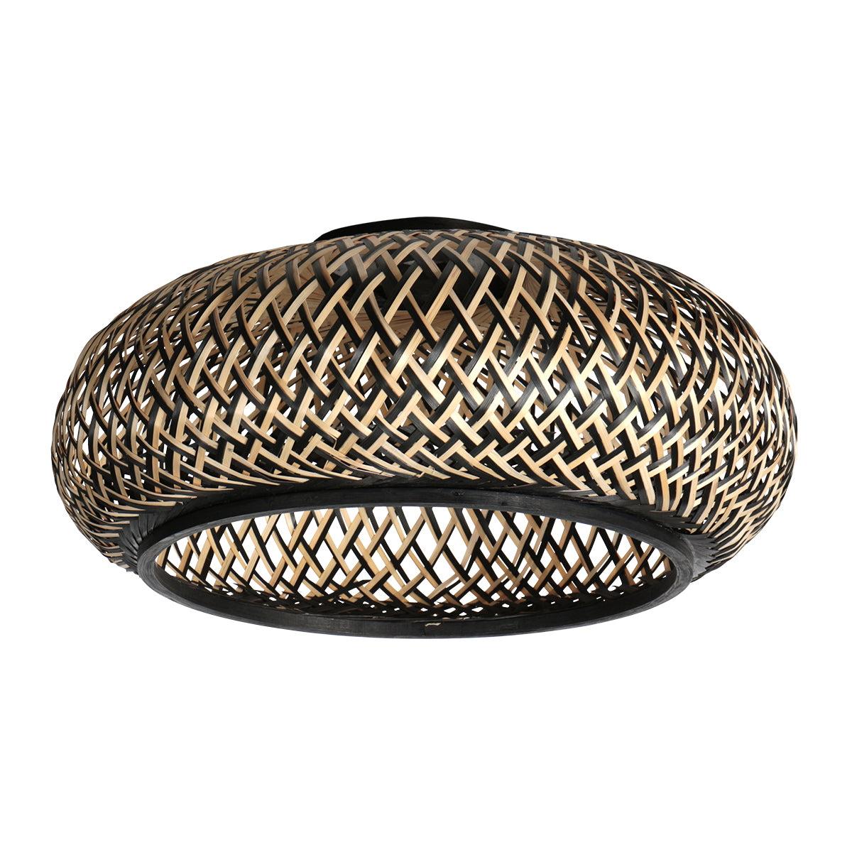 Lampadaire arc en métal noir avec abat-jour tressé en bambou – Ø50 cm