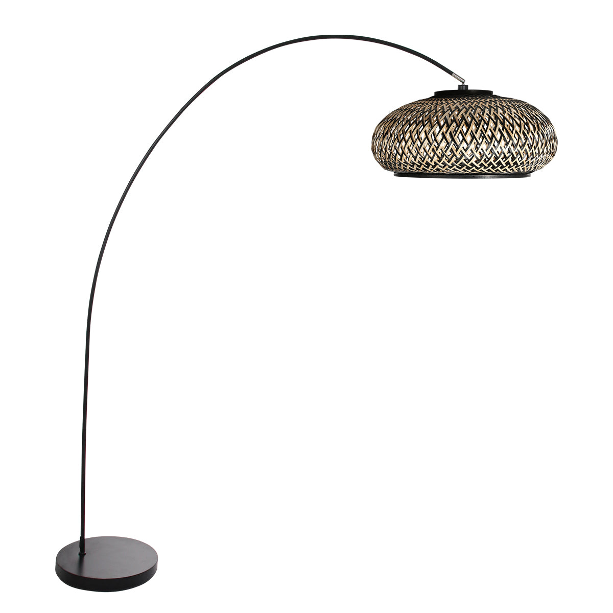 Lampadaire arc en métal noir avec abat-jour tressé en bambou – Ø50 cm