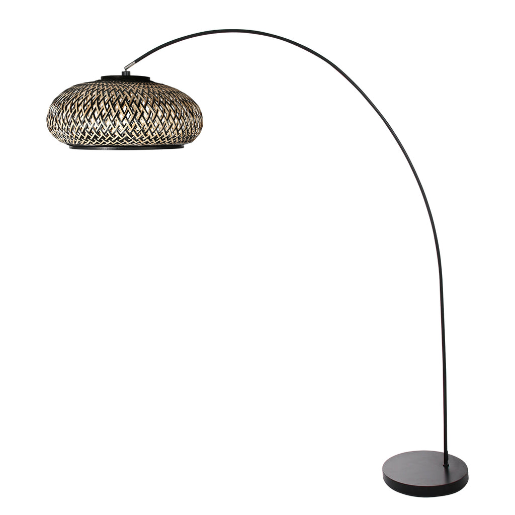 Lampadaire arc en métal noir avec abat-jour tressé en bambou – Ø50 cm