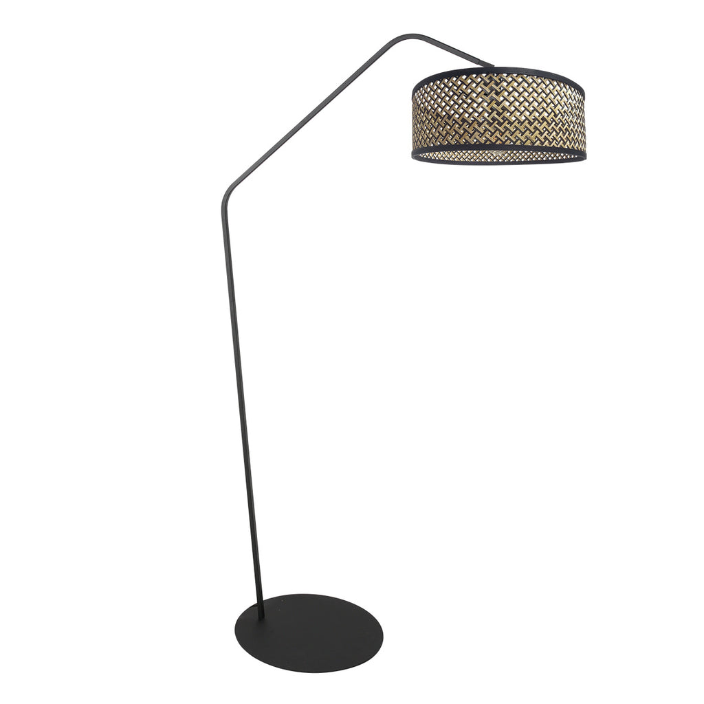 Lampadaire en métal noir à bras déporté avec abat-jour cannage – H173 cm