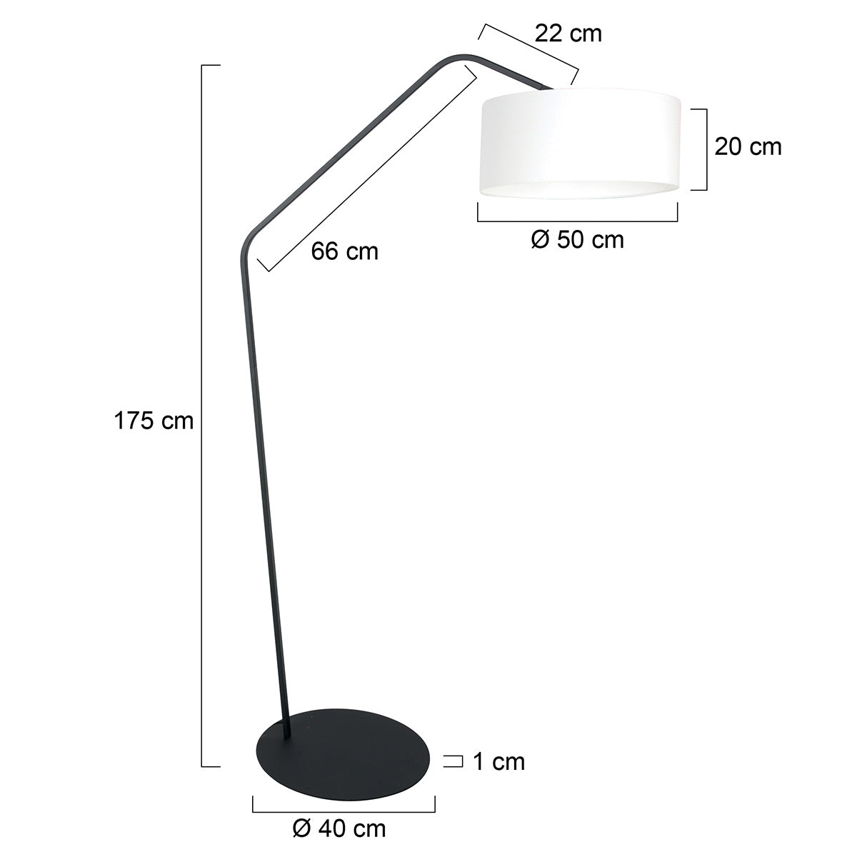 Lampadaire en métal noir bras coudé et abat-jour blanc – H173 cm