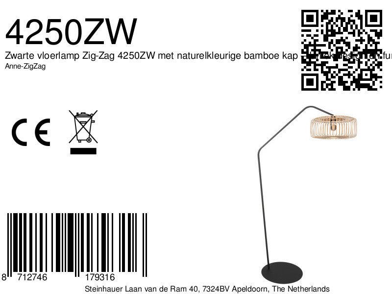 Lampadaire en métal noir avec abat-jour en rotin naturel – H173 cm