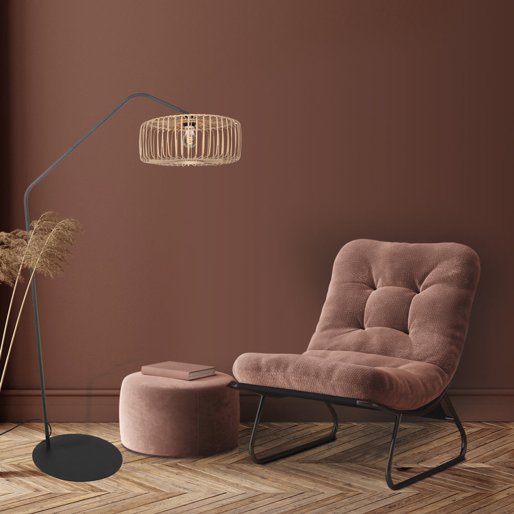 Lampadaire en métal noir avec abat-jour en rotin naturel – H173 cm