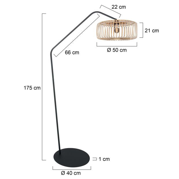 Lampadaire en métal noir avec abat-jour en rotin naturel – H173 cm