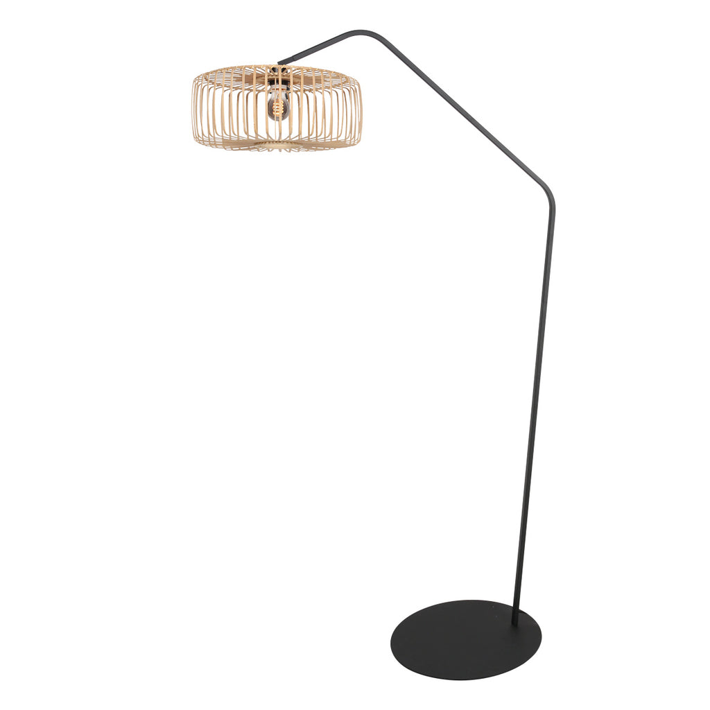 Lampadaire en métal noir avec abat-jour en rotin naturel – H173 cm