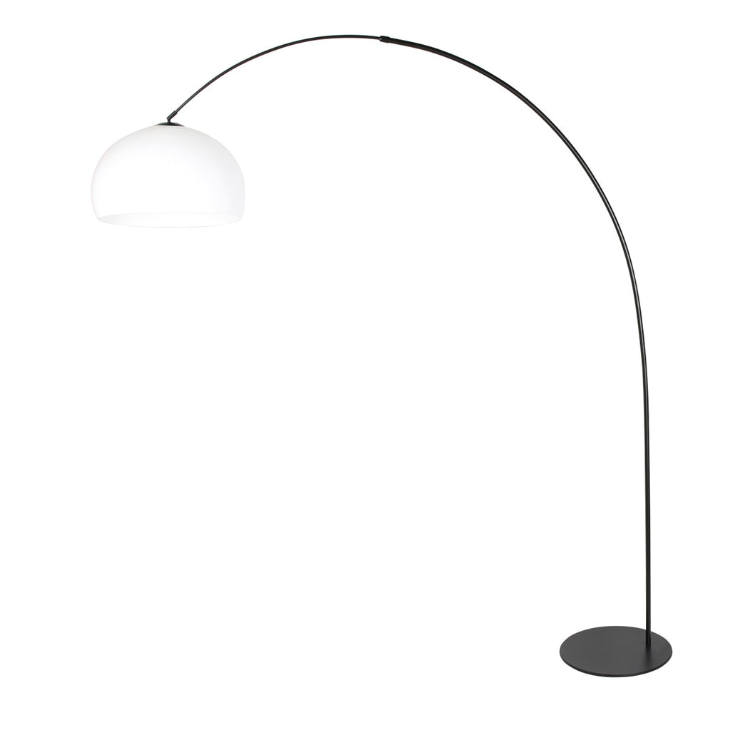 Lampadaire arc noir abat-jour rond blanc en plastique – H210 cm