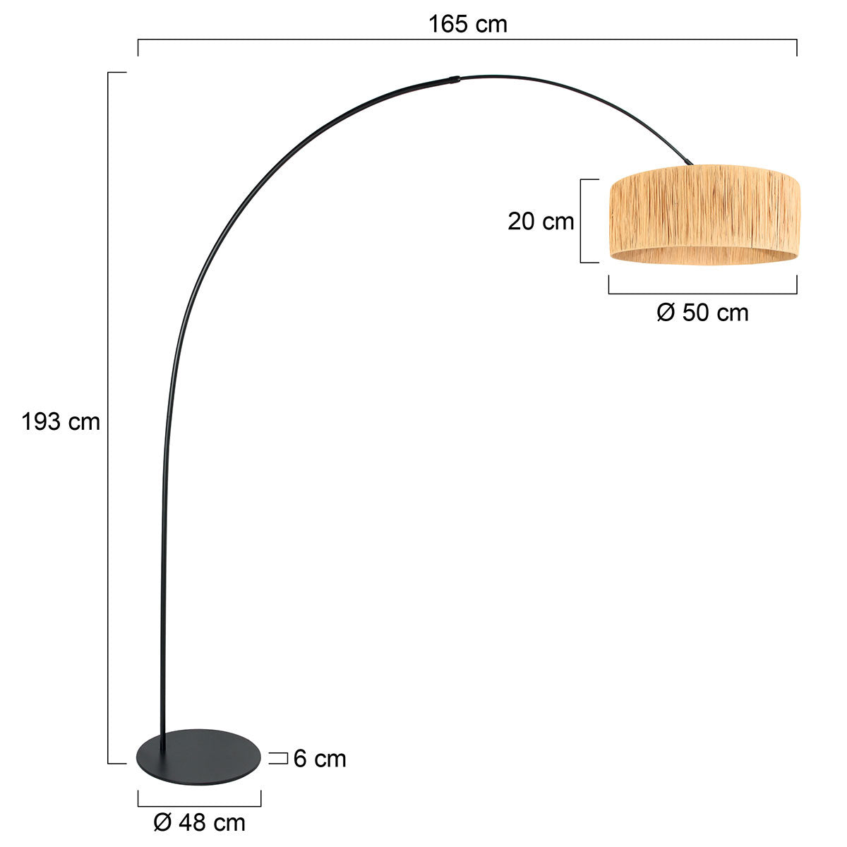Lampadaire arc en métal noir abat-jour fibres naturelles – H210 cm