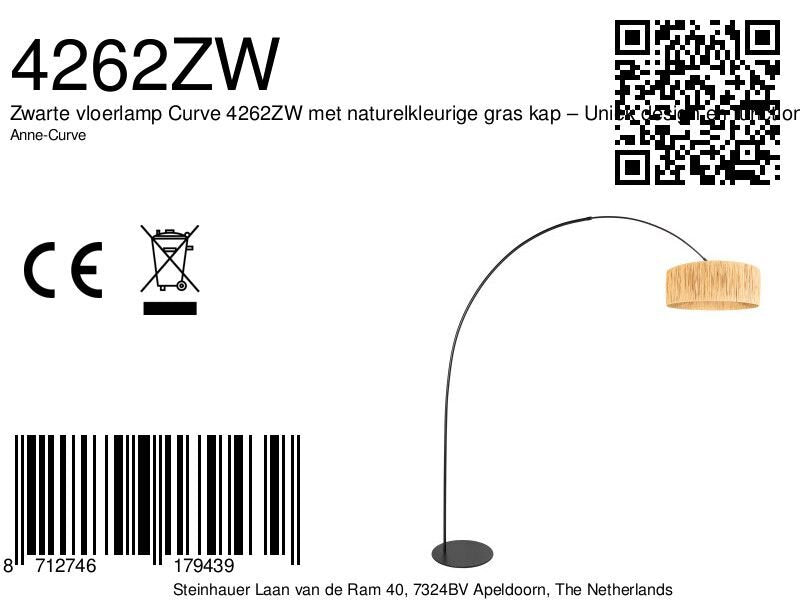 Lampadaire arc en métal noir abat-jour fibres naturelles – H210 cm