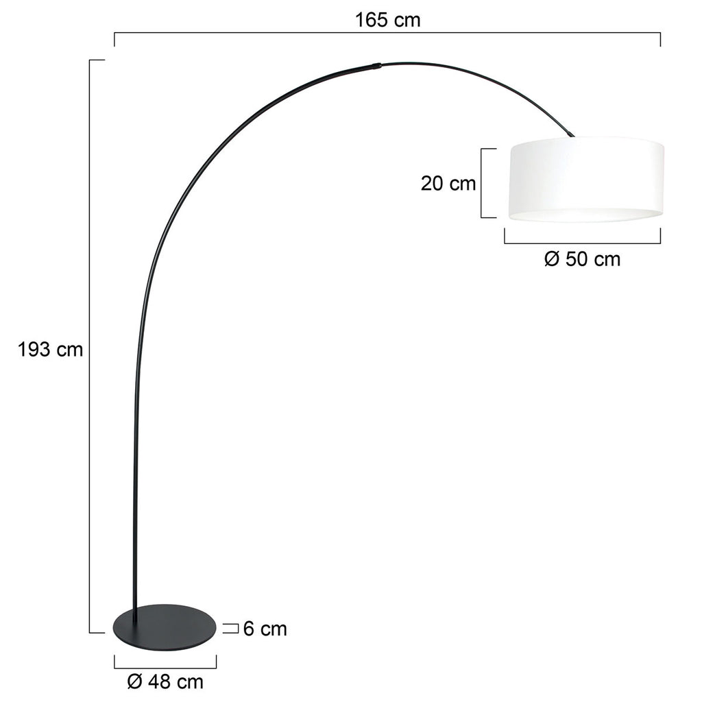 Lampadaire arc métal noir abat-jour lin blanc cylindrique – H210 cm
