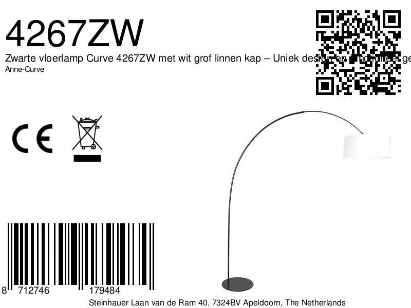 Lampadaire arc métal noir abat-jour lin blanc cylindrique – H210 cm