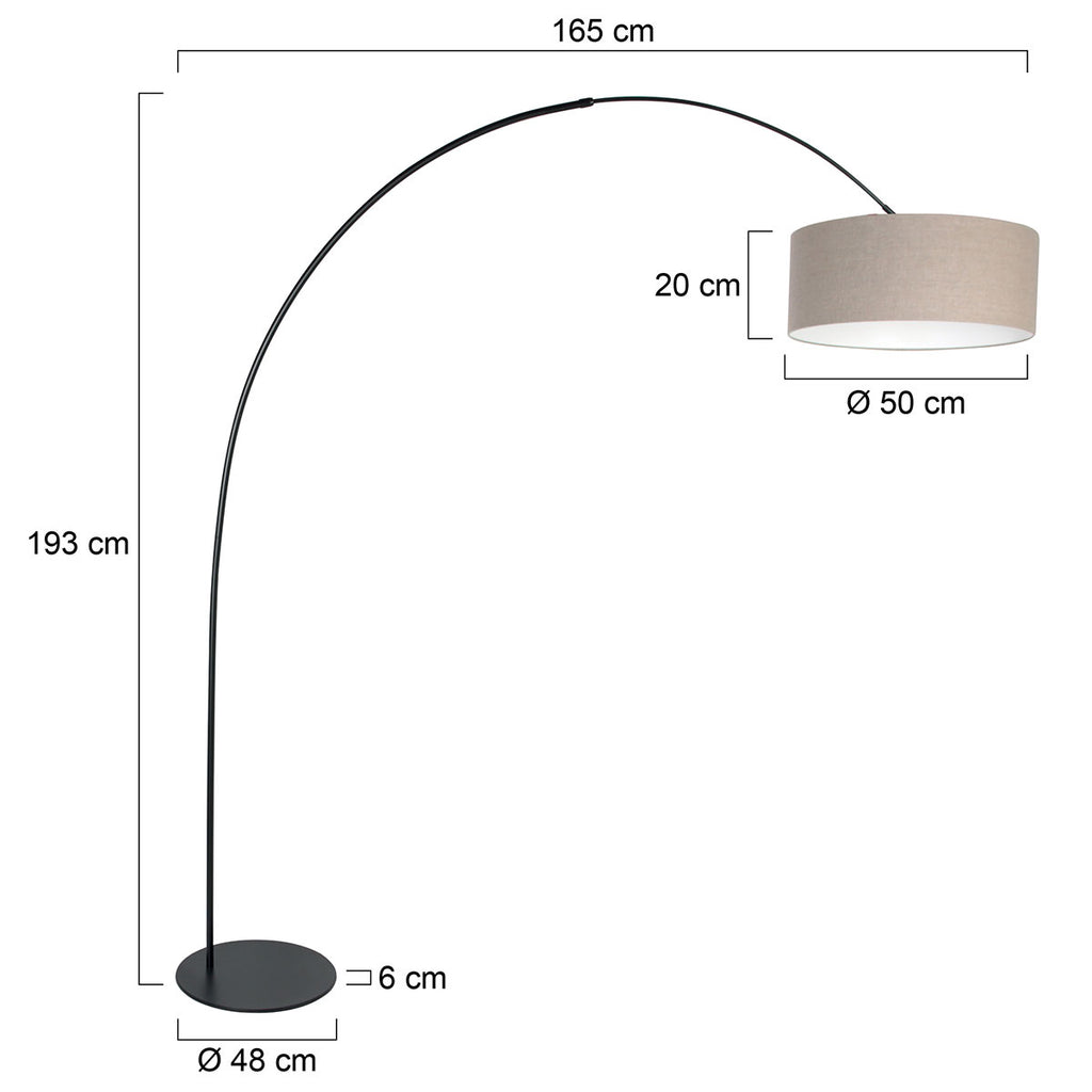 Lampadaire arqué en métal noir abat-jour lin beige cylindrique – H193 cm