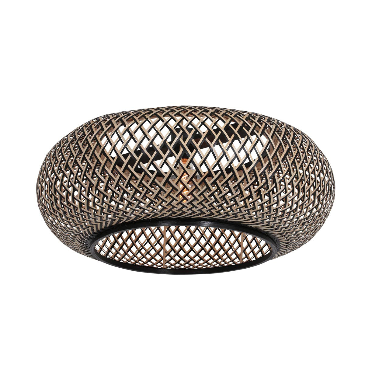 Lampe sur pied noire avec abat-jour en bambou tressé et bras arqué – H193 cm