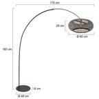 Lampe sur pied noire avec abat-jour en bambou tressé et bras arqué – H193 cm