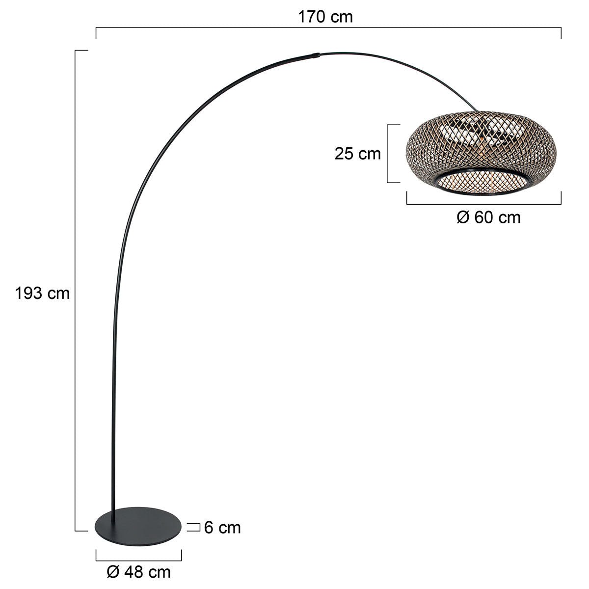Lampe sur pied noire avec abat-jour en bambou tressé et bras arqué – H193 cm