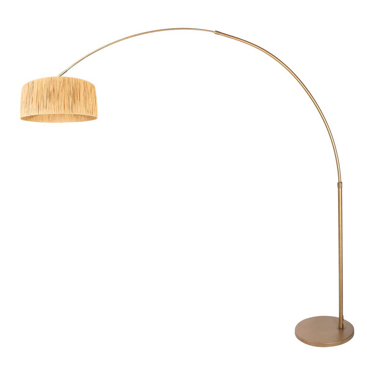 Lampadaire arc en métal doré abat-jour tressé naturel – H240 cm