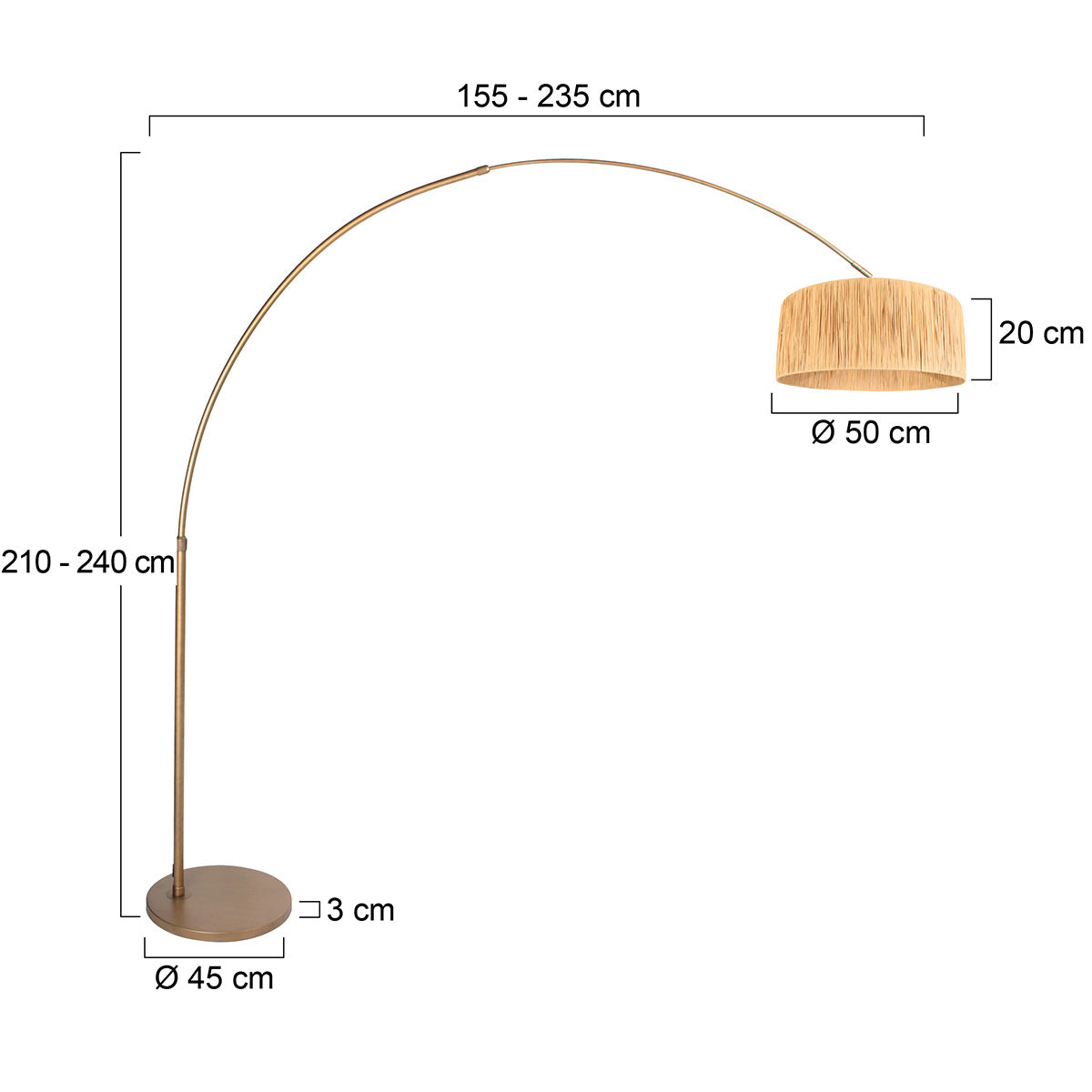 Lampadaire arc en métal doré abat-jour tressé naturel – H240 cm