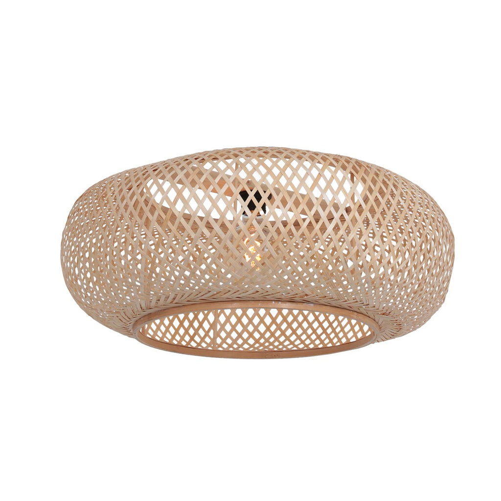 Lampadaire arc en métal doré abat-jour en rotin ajouré – Ø60 cm