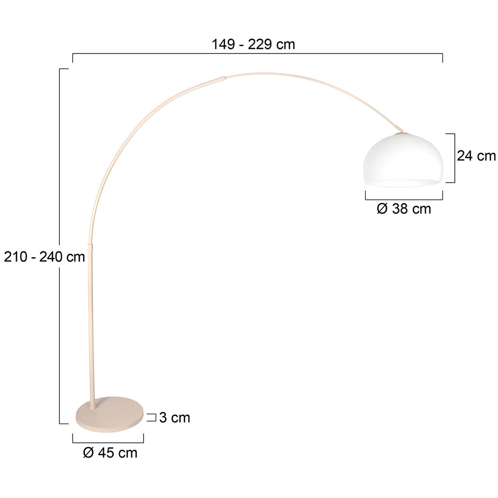 Lampadaire arc métal crème avec abat-jour blanc opalin – H240 cm