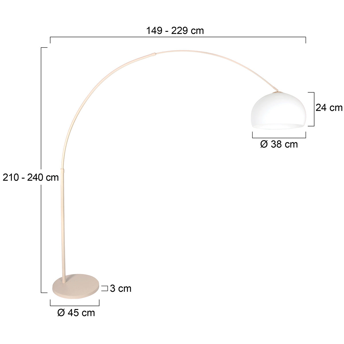 Lampadaire arc métal crème avec abat-jour blanc opalin – H240 cm
