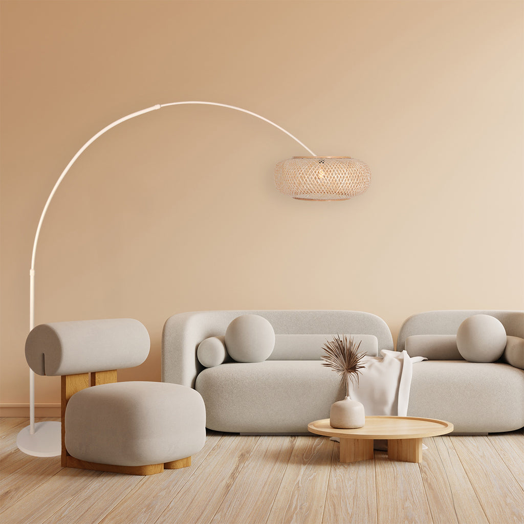Lampadaire arc en rotin tressé crème avec abat-jour rond – H240 cm