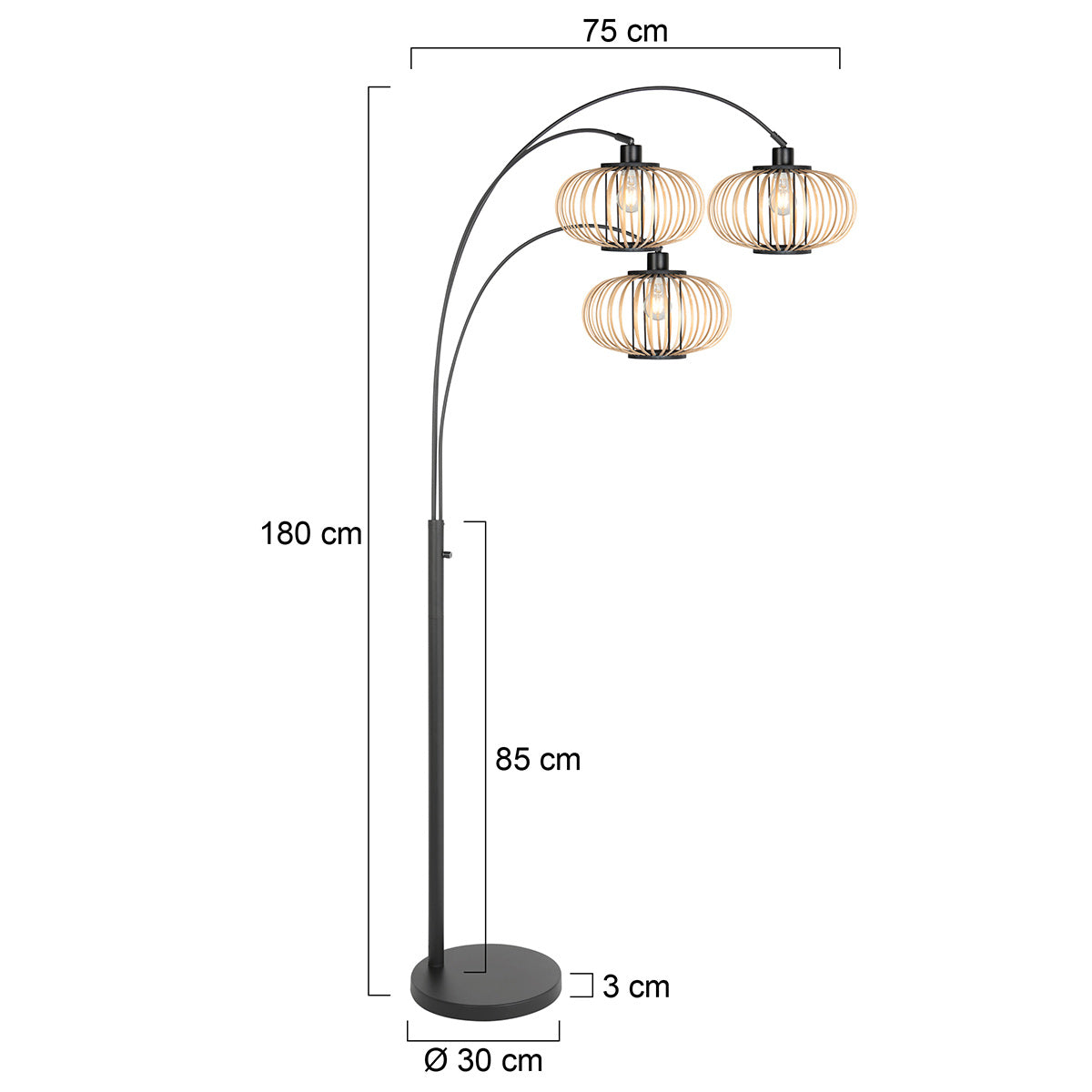 Lampadaire en métal noir à trois arcs abat-jours ajourés bois clair