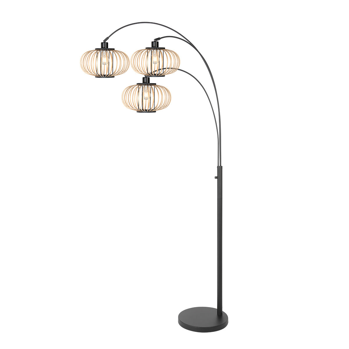 Lampadaire en métal noir à trois arcs abat-jours ajourés bois clair