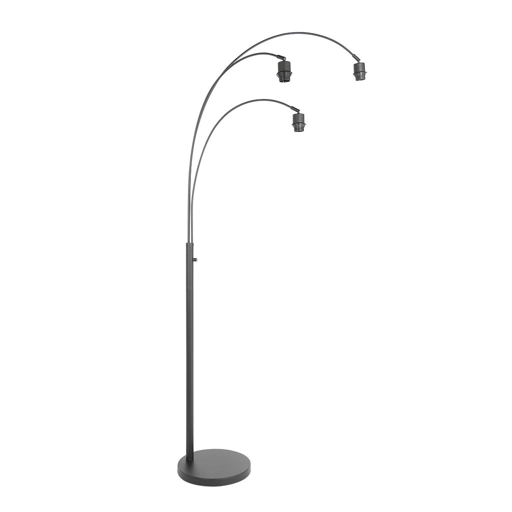 Lampadaire en métal noir à trois arcs abat-jours ajourés bois clair