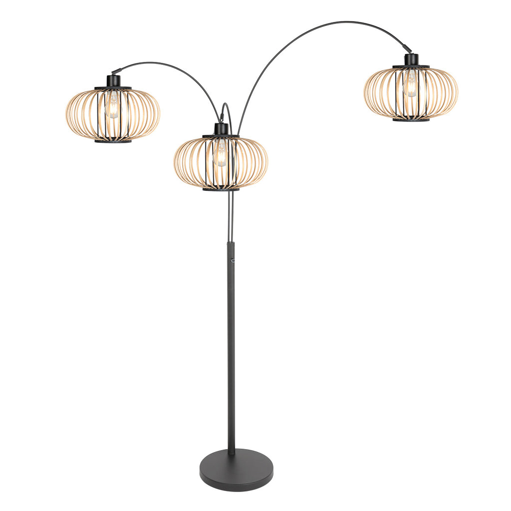 Lampadaire en métal noir à trois arcs abat-jours ajourés bois clair