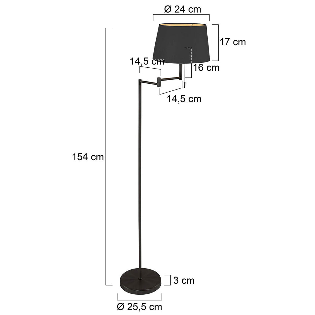 Lampadaire métal noir mat avec abat-jour conique or intérieur – H154 cm