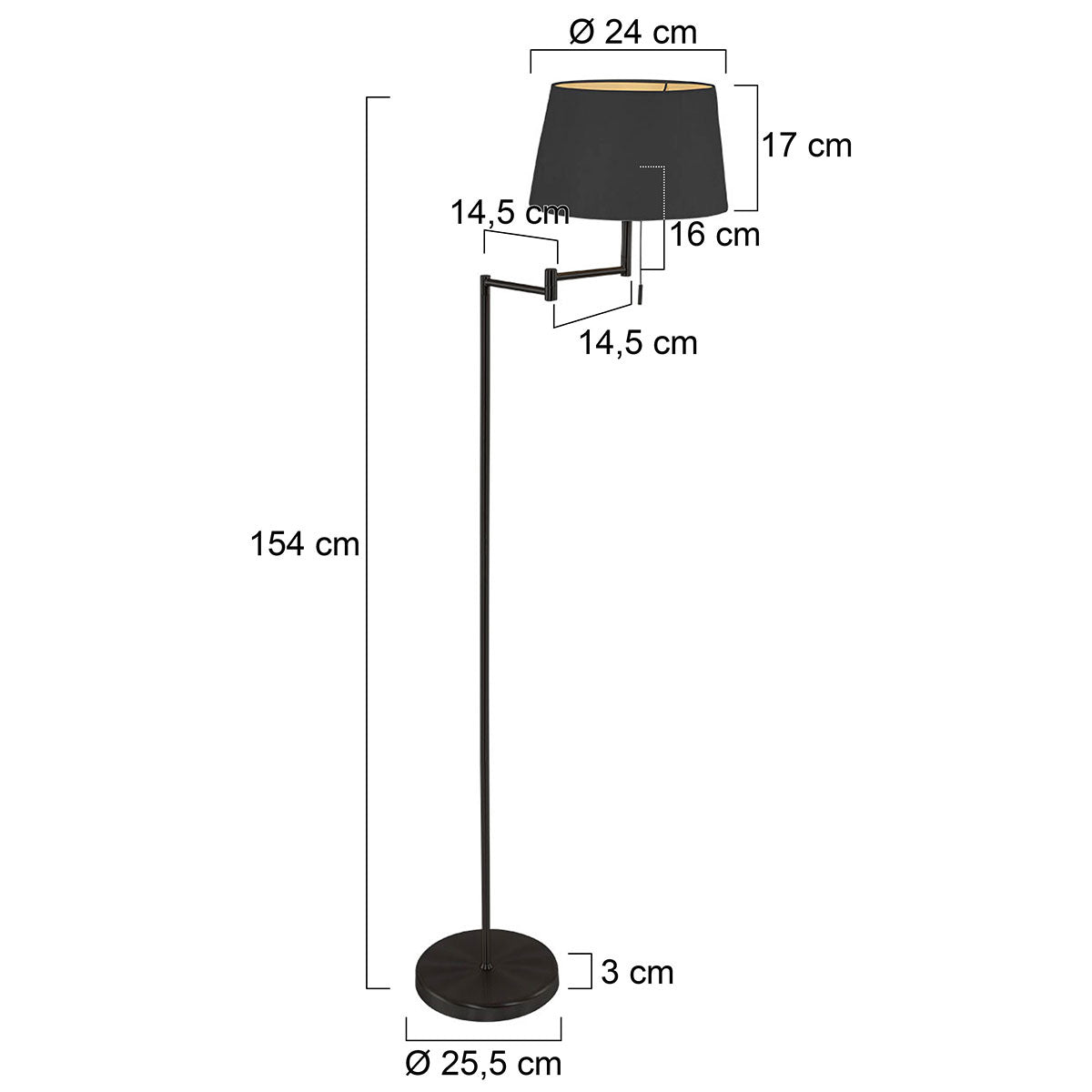 Lampadaire métal noir mat avec abat-jour conique or intérieur – H154 cm