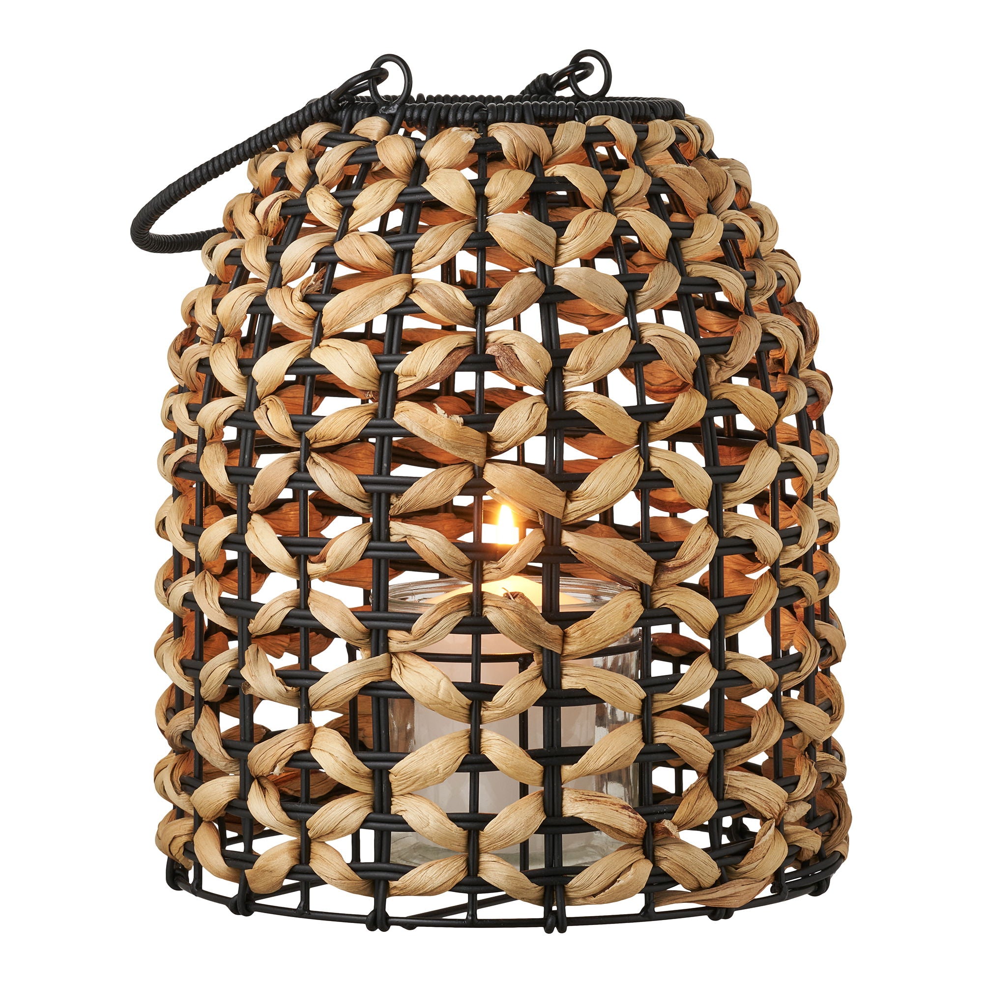 Lanterne en fibres tressées naturel et noir avec verre intérieur – H28 cm