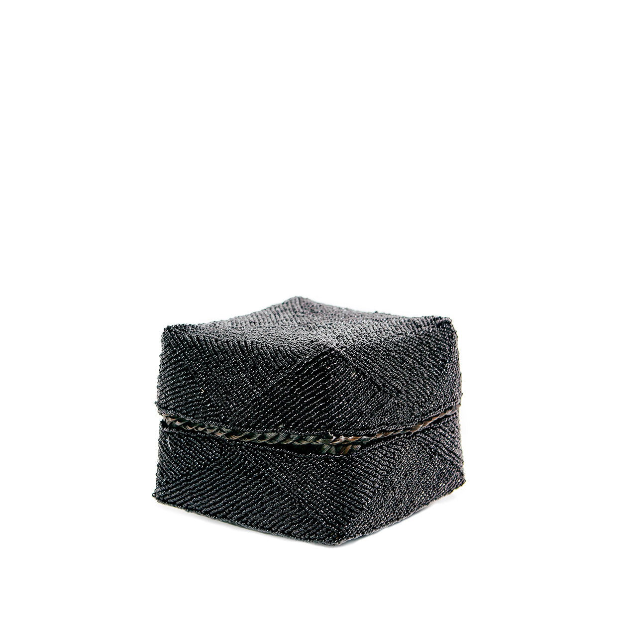 Boîte décorative perlée motif géométrique noir en bambou avec couvercle