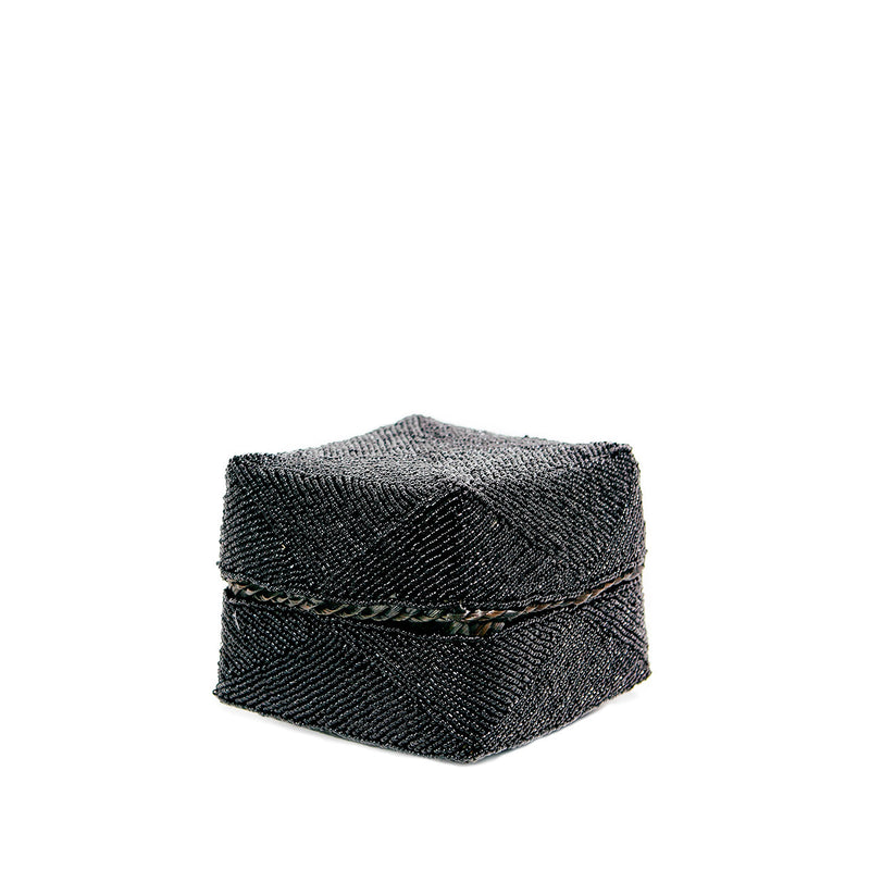 Boîte décorative perlée motif géométrique noir en bambou avec couvercle