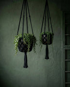 Suspension plante en macramé coton noir avec franges – H110 cm