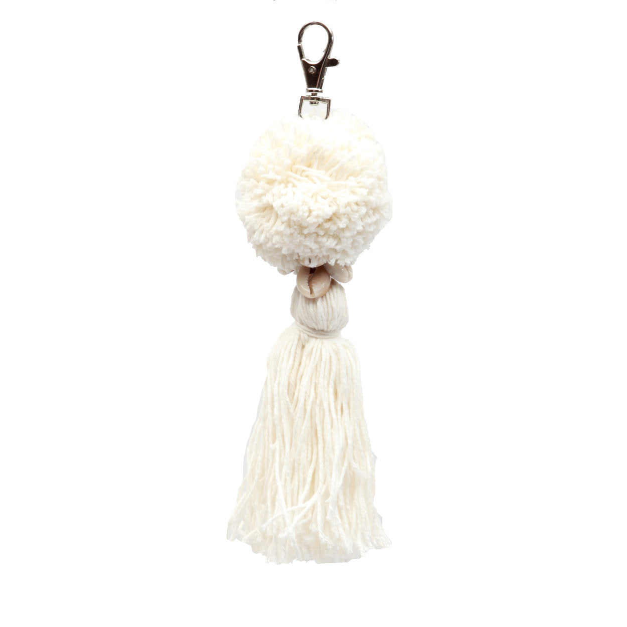 Porte-clés pompon en coton écru avec coquillages naturels