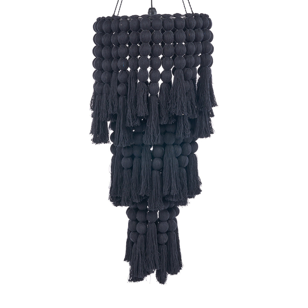 Suspension en coton noir à perles et pompons effet cascade – H160 cm