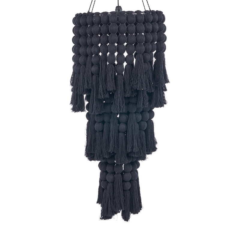 Suspension en coton noir à perles et pompons effet cascade – H160 cm