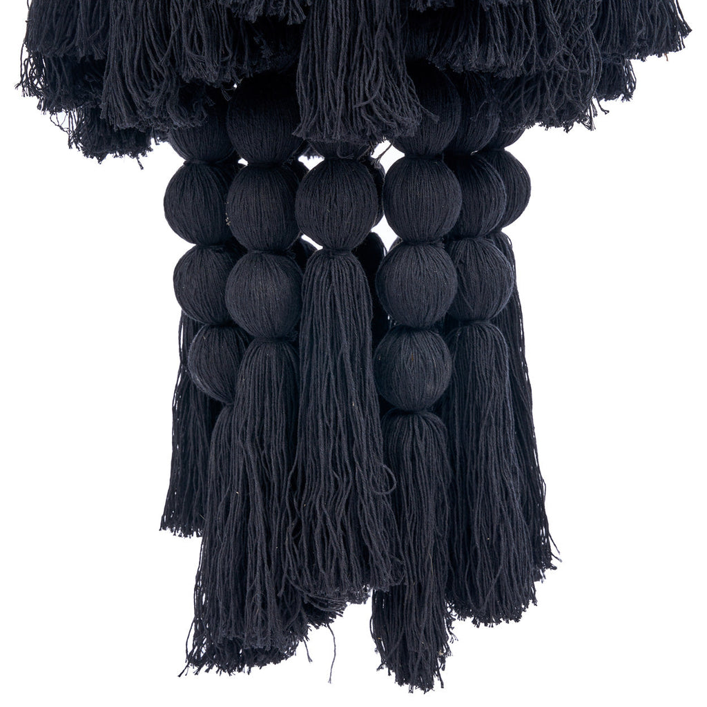 Suspension en coton noir à perles et pompons effet cascade – H160 cm