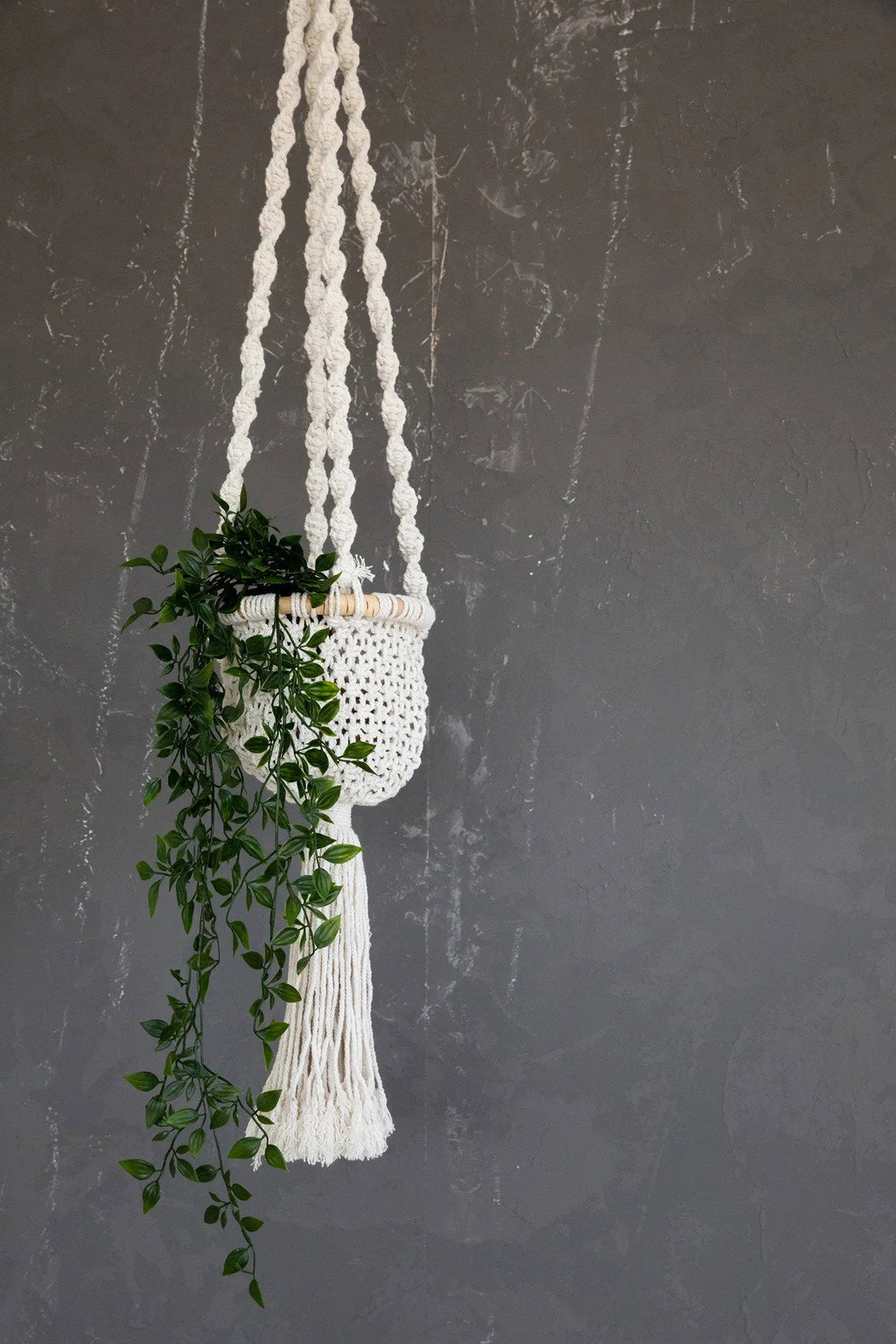 Suspension plante macramé coton torsadé blanc naturel – H135 cm