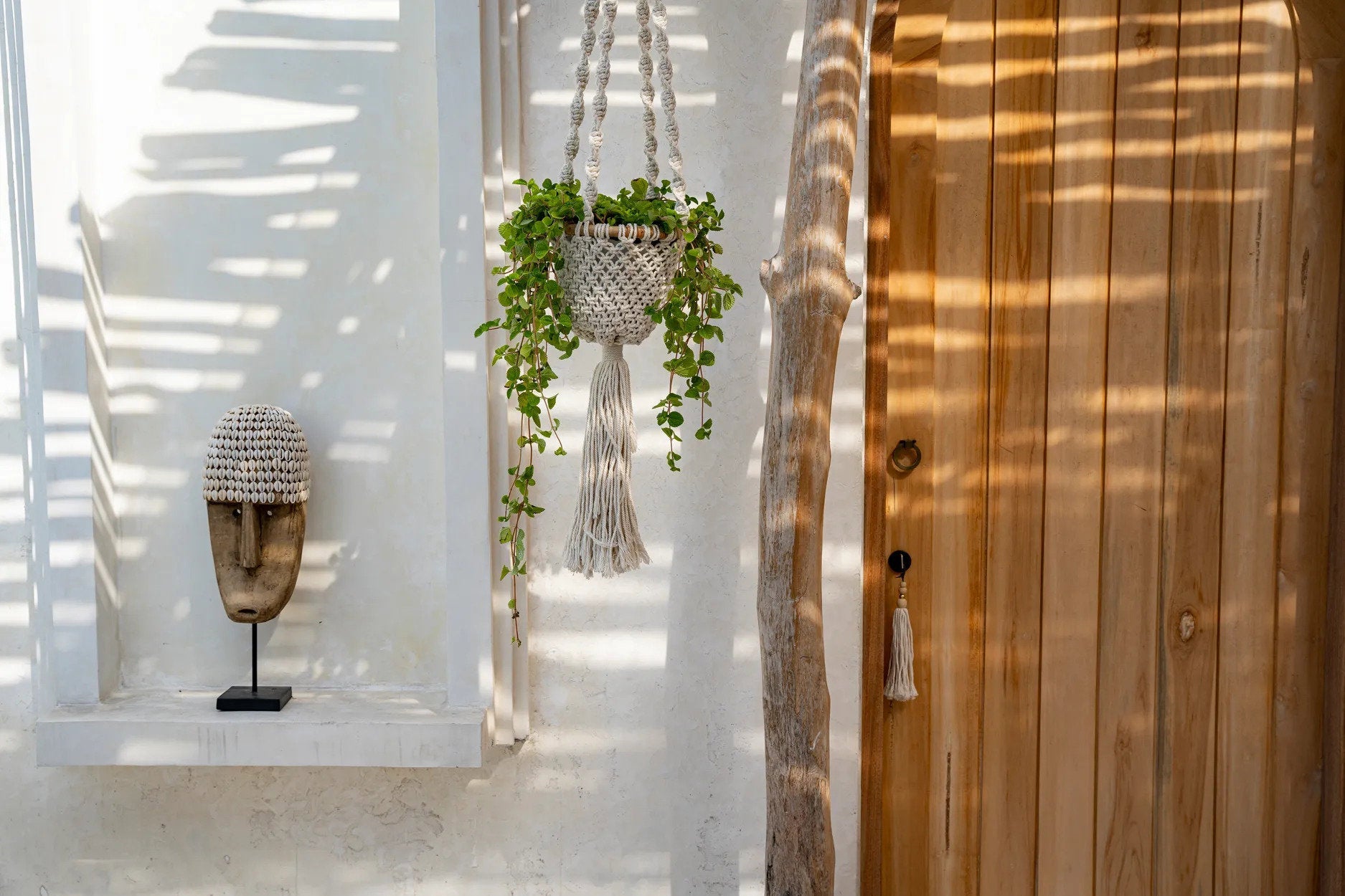 Suspension plante macramé coton torsadé blanc naturel – H135 cm
