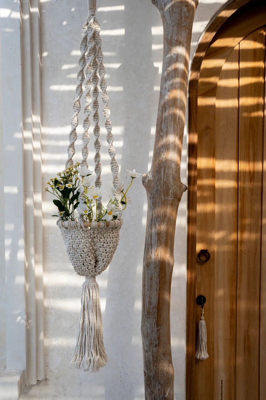 Suspension pour plante en macramé torsadé coton blanc naturel – H135 cm