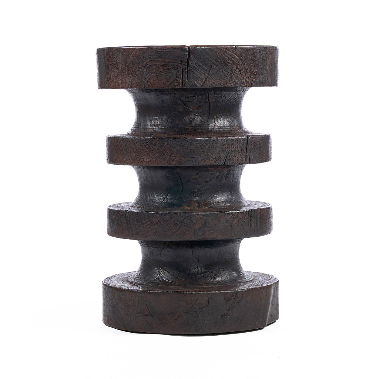 Table d'appoint en bois massif brun foncé, forme totem sculptée - H60 cm
