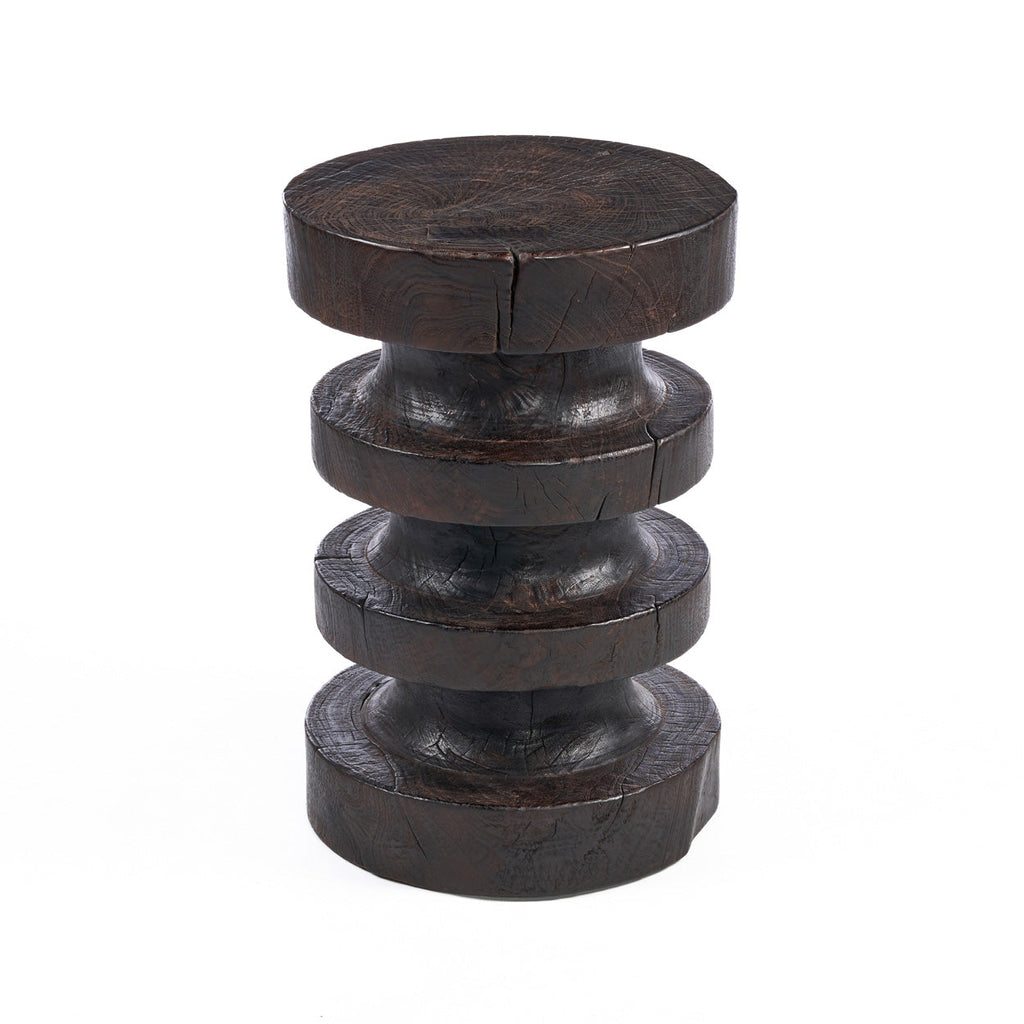 Table d'appoint en bois massif brun foncé, forme totem sculptée - H60 cm